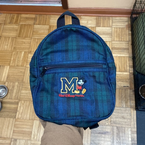 Vintage Walt Disney World Mickey Mouse Green Blue Plaid Mini Backpack - Picture 7 of 13